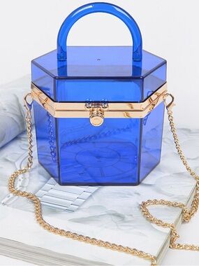 NWT Blue Caleesa Hexagon Acrylic Plastic Clutch Purse, Gold Tone Clasp & Strap